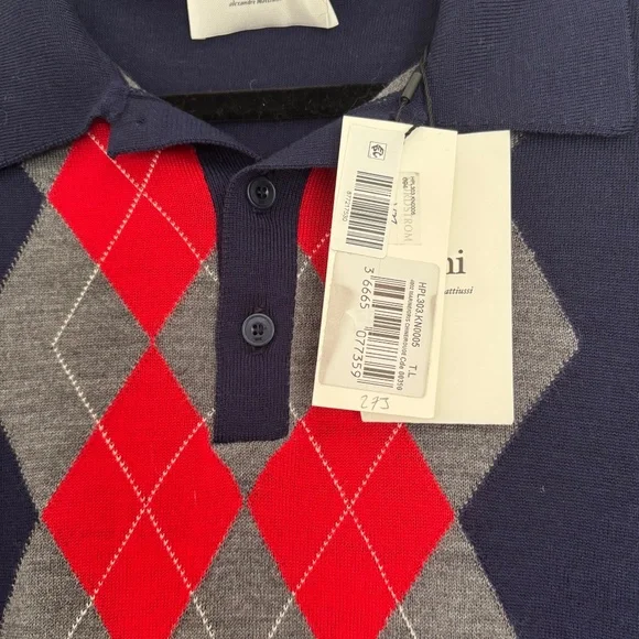 Ami Alexandre Mattiussi Navy Blue Grey Red Men’s Argyle Wool Sweater NWT Size L